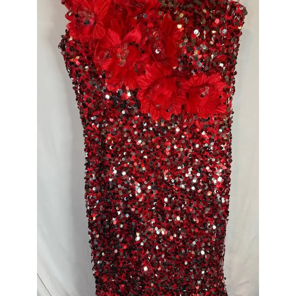 Tiffany Designs 4 Dress Sequin Red One Shoulder Dramatic Mermaid Floral Gown - Picture 3 of 8